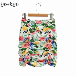 Multicolor Floral Print Skirt Women High Waist Draped Mini Fashion Lady Holiday Summer Pencil Sexy Jupe Femme 210430