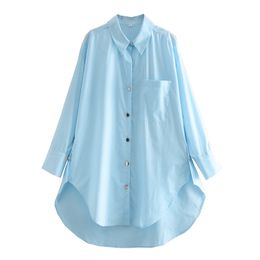 BLSQR Fashion With Side Buttons Loose Asymmetry Blouses Women Long Sleeve Pockets Female Shirts Blue Streetwear Chic Tops 210430