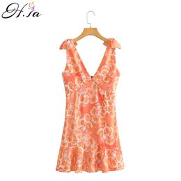 Women Sexy Summer Dresses V neck Low Backless Pleated estidos Bow Tied Midi ORange Floral Robe Dress 210430