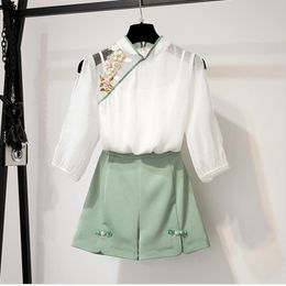 ICHOIX embroidery blouse women 2 piece set elegant tops and shorts set spring summer 2 piece outfits Chinese style set X0428