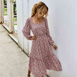 Women's Autumn Winter Products Retro Square Collar Dress Long es Women Floral Print Maxi Vestido De Mulher 210517