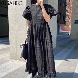 Korean Hollow-out Lace Dress Puff Sleeve Ruffle Causal Dresses Summer High Waist A-line Vestidos Mujer 6H896 210603