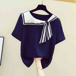Summer Women's Short Sleeves Striped Sailor Shirt Ladies Chiffon Shirts Blouse Tops Blusas 210428