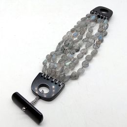YYGEM 8 Strands Natural Labradorite Freeform Bracelet Semi Prescious Stone Onyx Clasp  9"