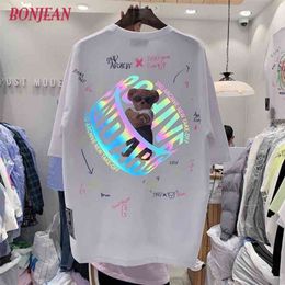 Harajuku Hip Hop Women Shirt INS Reflective Back Cartoon Bear T-shirt Summer Loose Couple Mid-length Short Sleeve Tops 210324