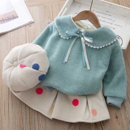 Baby Girl Winter Warm Clothing Kid Polka Dot Skirt Plush Two-piece Suit Doll Collar Wool Sweater Plus Velvet Thickening Set 211104