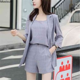 Vintage Summer Women Shorts Suit Blue Pink Plaid Notched Blazer Jacket & Vest Office Wear Suits Female Sets 210513