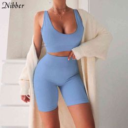 Nibber high quality solid fitness tracksuit Outdoor activitywoman 2piece set casual tank top& high waist shorts workout outfit X0428