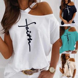 Off Shoulder Women's T Shirt Letter Printing Oversized Short Sleeve Loose Women Clothing Sexy Halter Neck T-Shirt ropa mujer X0527