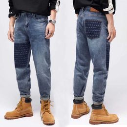 Street Style Fashion Men Jeans Retro Blue Elastic Wide Leg Ripped Embroidery Designer Hip Hop Casual Denim Pants