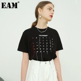 [EAM] Women Balck Letter Embroidery Tassels Casual T-shirt Round Neck Short Sleeve Fashion Spring Summer 1DD8738 21512
