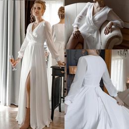 Sexy Simple Country Beach A Line Wedding Dresses Bridal Gowns Boho V Neck Long Sleeves High Side Split Chiffon Garden Floor Length Formal Dress robes de mariée