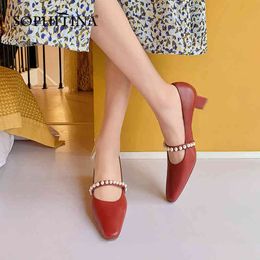 SOPHITINA Strange Style Heels Ladies Pumps Pearl Narrow Band Fashion Shoes Square Toe Shallow Mouth Handmade Women's Shoes AO598 210513