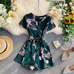 Summer Women's Jumpsuit Korean Retro Printing One-piece Wide-leg Pants V-neck High-waist Lace-up Thin Shorts LL013 210506