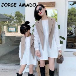 Spring Mother Daughter Shirt Dress 2-piece Sets Long Sleeve Casual Suit Shawl Parent Mom Girl Matching Clothes E1000 210610