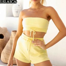 Fashion women sweat suit set tube top&short pants lace up casual slim sets solid color backless high waist 2 piece 210520