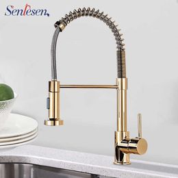 Senlesen Kitchen Faucet Spring Golden Finish Brass Swivel Spout Single Handle Vanity Sink Mixer Water Crane and Cold 210724