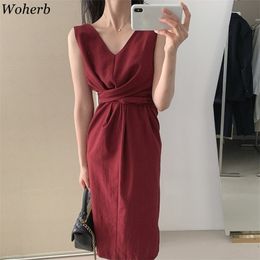 Korean Dress Women Sexy Backless V Neck Solid Vestidos Elegant Sleeveless Robe Office Lady Lace-up Bow Party Dresses 210519