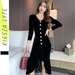 Women Velvet Dress Black Single Breasted Buttocks Fishtail Dresses Elegant Ladies Party Wear Spring Clothing 210608