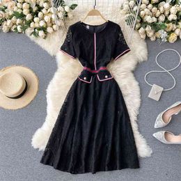 Women Fashion Spring Summer Round Neck Short Sleeve High Waist Slim Lace A-line Dress Elegant Black Vestidos R976 210527