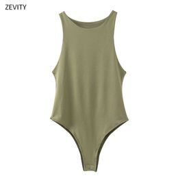 Zevity Women fashion candy colors slim bodysuits female chic o neck sleeveless vest blouse brand leisure playsuits tops P859 210603