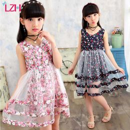 LZH 2021 Summer Fashion Floral Dress For Girls Sleeveless V-Neck Children Clothes Casual Mesh Princess Dress For Kids 4-12 Years Q0716