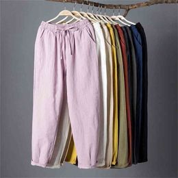 Womens Spring/Summer Harem Pants Cotton Linen Solid Elastic waist Candy Colours Trousers Soft high quality for Female ladys 210915