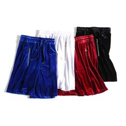 Mens Velvet Shorts Hip-Hop Oversized Mesh Velour Short Baggy Black/White/Red/Blue Side Zipper Joggers Male 210806