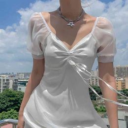 Fashion white dress summer women's style mesh puff sleeve V-neck open back doll dress short dress 210514