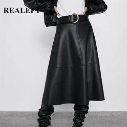 REALEFT Autumn Winter PU-leather mi-long Skirt with Belt High Waist Vintage A-line Skirt Chic Mid-calf Umbrella Skirts 210730