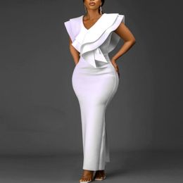 Women White Long Dress V Neck Ruffles Sexy Party Celebrate Bodycon Event Occasion Vestidos Female Robes Night Date Out Clubwear 210319