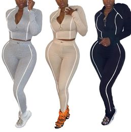 Women's Two Piece Pants Hirigin Sexy Set Jumpsuit Long Sleeve Zip Top + Side Striped Bodycon Tracksuit Fall Women Outfits Matching Sets