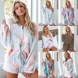 Women suit Pyjamas tie dye printing ruffle short casual long sleeved top and shorts two piece ins 210809