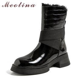 Genuine Leather Ankle Boots Woman Med Heel Snow Platform Block Short Round Toe Ladies Shoes Winter Warm 210517