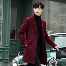 High Quality Men Wool Trench Coat Jacket Autumn Winter Embroidery Casual Slim Fit Long Coats Brand Clothing Male Overcoat 211122