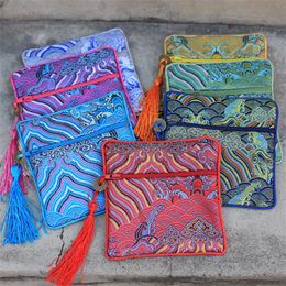 Gift Wrap Square Seawater Silk Brocade Jewellery Pouch Zipper Wedding Favour Bags Tassel Chinese Storage Party Packaging 10pc