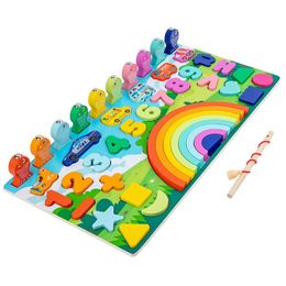 Kids Logarithmic Board,Wooden Number Puzzles Sorting Counting Learning Toys for Toddlers Shape Sorter Fishing Game X0503