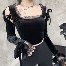 Woman Tshirts Lace Up Black Hollow Out Goth Top Vintage Corset Bodycon Velvet Sexy Tops Harajuku Y2K Aesthetic Short Clothes 210517