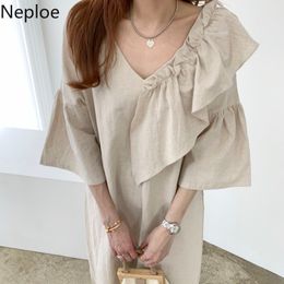 Neploe Chic Woman Dress V-neck Ruffles Irregular Maxi Dresses Summer Cotton Linen Robe Korean Temperament Vestidos Mujer 95457 210422