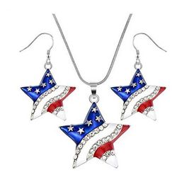 Pentagram Usa Flag Necklace + Dangle Earrings American Flag 4th of July Independence Day Pendant Jewellery Gift for Women Girls Q0709