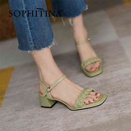 SOPHITINA Genuine Leather Summer Women Shoes Sandals Fashionable Solid Mid Square Heel Concise Casual Square Toe FO366 210513