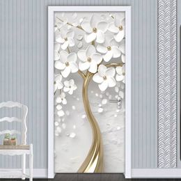 PVC Self-adhesive 3D Door Sticker White Flowers Tree Mural Wallpaper Waterproof Living Room Bedroom Door Stickers Home Decor 3D 210317