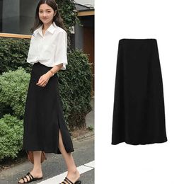 Skirts Summer Korean Chic Sexy Vintage Slim A Line High Waist Black Thin Split Skirt Women Mid Length Faldas Mujer Moda OL 210610