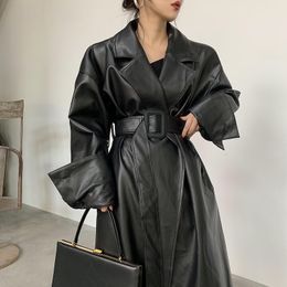 Women Faux Leather Long oversized PU lapel waistband lacing coat trench outerwearcoats autumn winter French retro mid-long suit long-sleeve loose fit streetwear