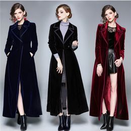 Winter Runway Designer Women Vintage Notched Collar Wrap Black Velvet Maxi Coat Thick Warm Long Trench Outwear 210825