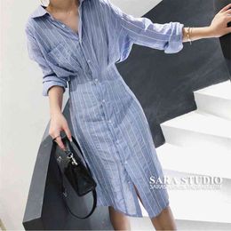 Women's Summer Long Skirt Retro Waist Striped Loose Mid-length Cold Wind Minimalist Sleeve Shirt Dress PL256 210506