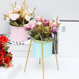Decorative Flowers & Wreaths Artificial Flower And Potted Iron Rack Set Simulation Rose Plant Living Room Home Decor Wedding Decoration