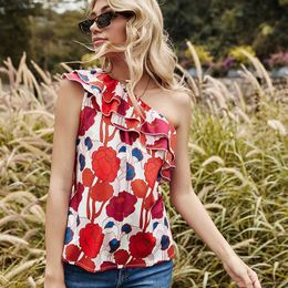 Summer Women Sexy Print Floral Ruffles Sleeveless T-shirt Backless Slanted Shoulder Slash Neck Tops Ladies T Shirt 210608