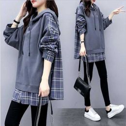 Women Casual Fake Two Piece Hoodies Sweatshirts Fashion British Style Plaid Shirt Loose Spring Pullover S21008 211222