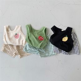 Facejoyous Summer Toddler Boys Clothes Set Soft Sleeveless Vest Tops Plaid Pp Shorts Baby Girls Clothing Set Baby Suit 210326